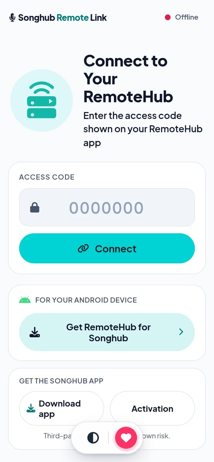 The songhub.link Connect to Your RemoteHub page with the 7-digit access code field and the Get the Songhub app card