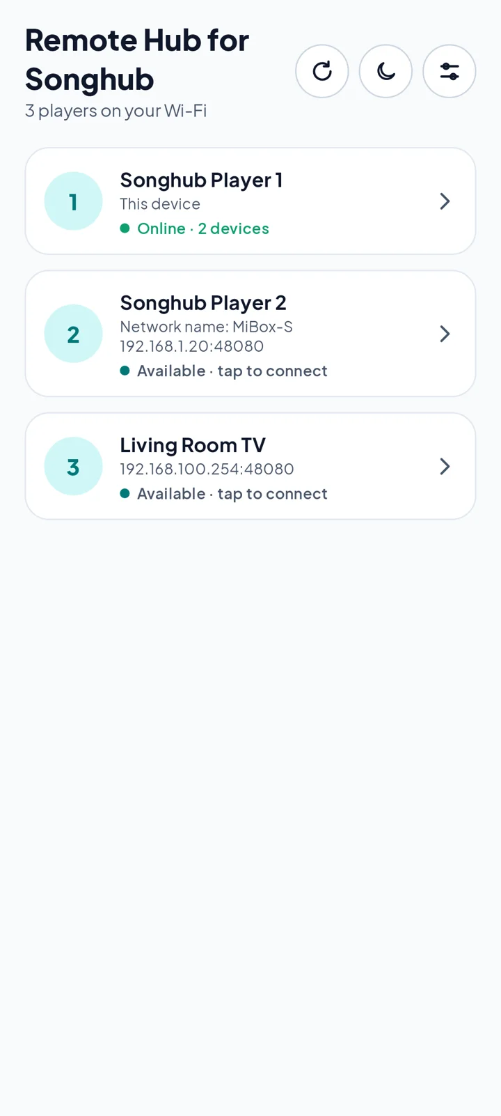 RemoteHub listing three players with their IP addresses and connected devices