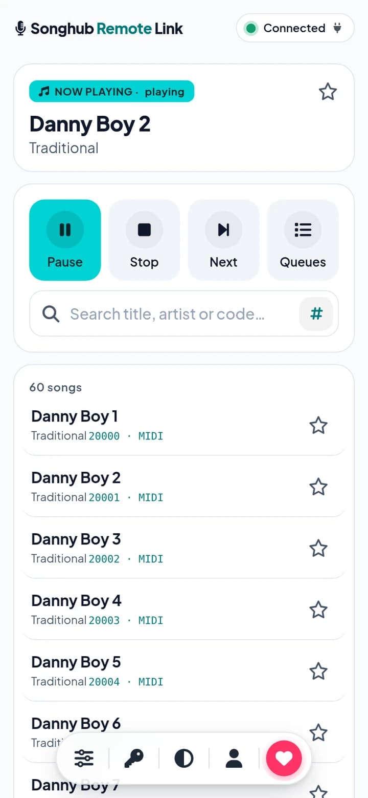 The songhub.link web remote with Now playing, pinned controls, song list and the bottom pill