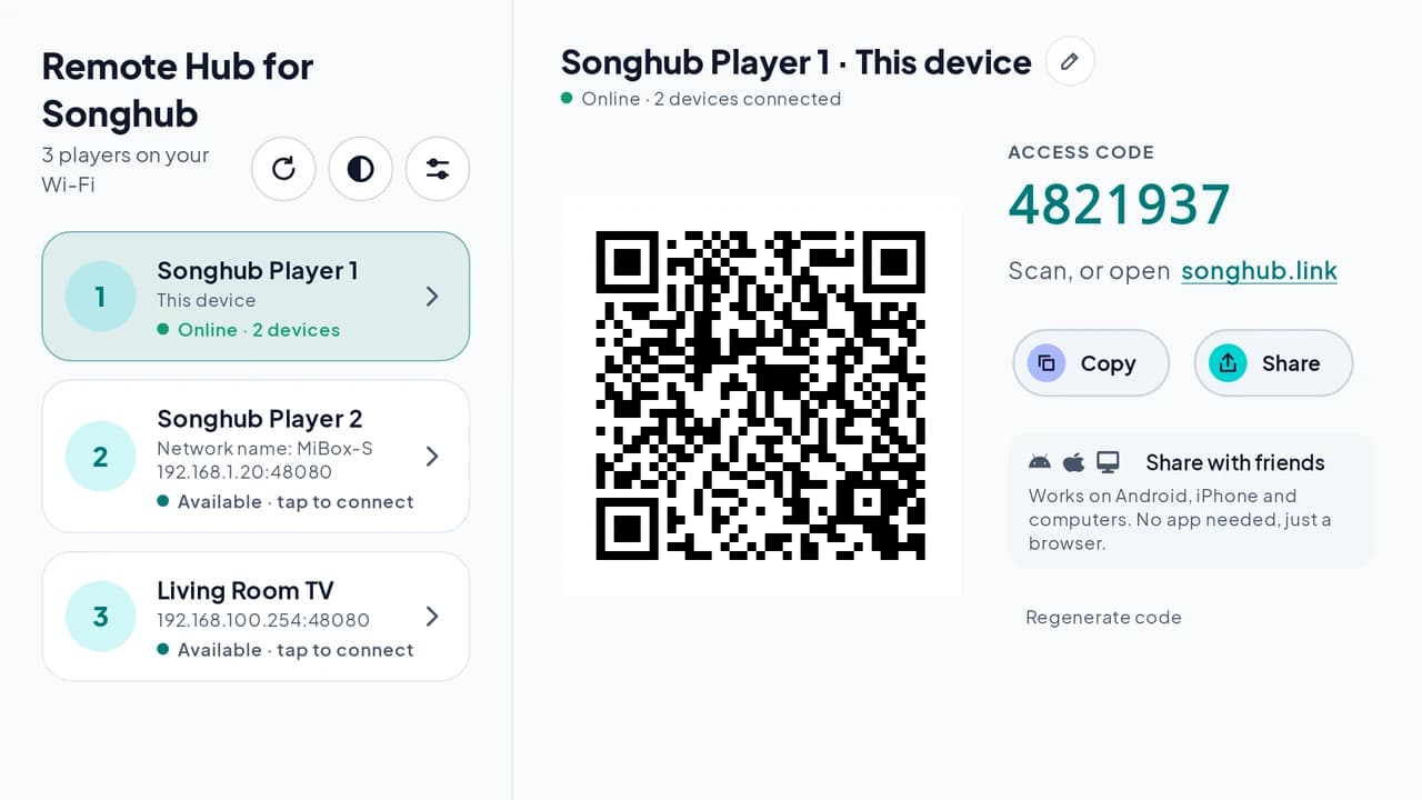 RemoteHub for Songhub on a TV showing a SongHub player with its access code and QR code